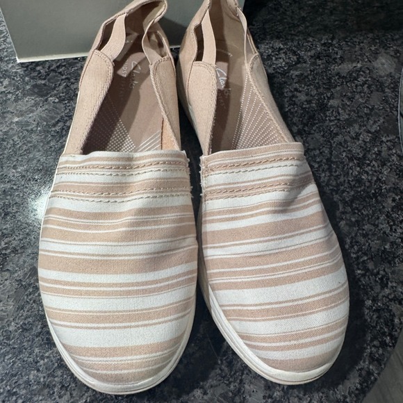 Clarks Shoes - Clarks Cloudsteppers Womens Tan White Striped Canvas Slip On Loafers Size 11